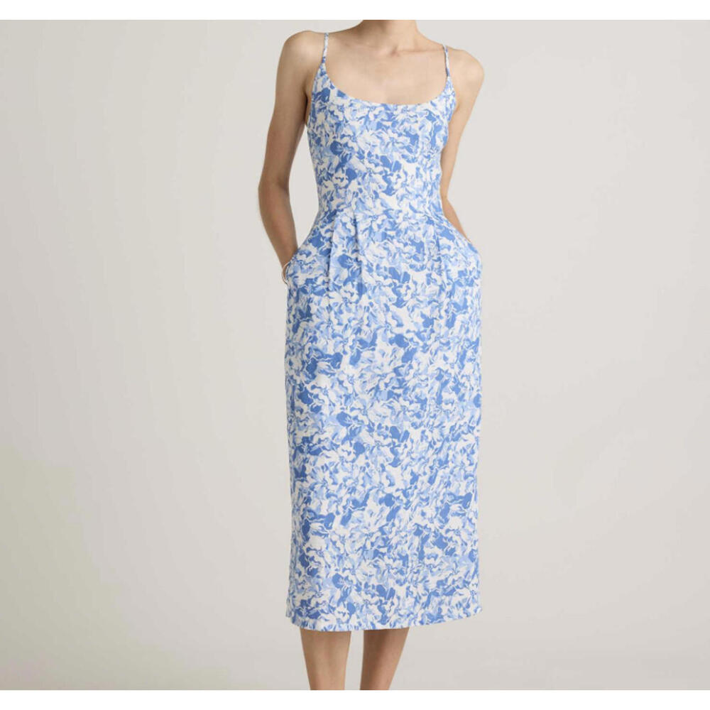 QUINCE blue and white linen floral midi dress sz xl